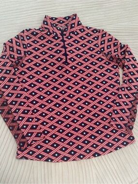 IBKUL Red and Navy Star Geo Half-Zip Long Sleeve Top